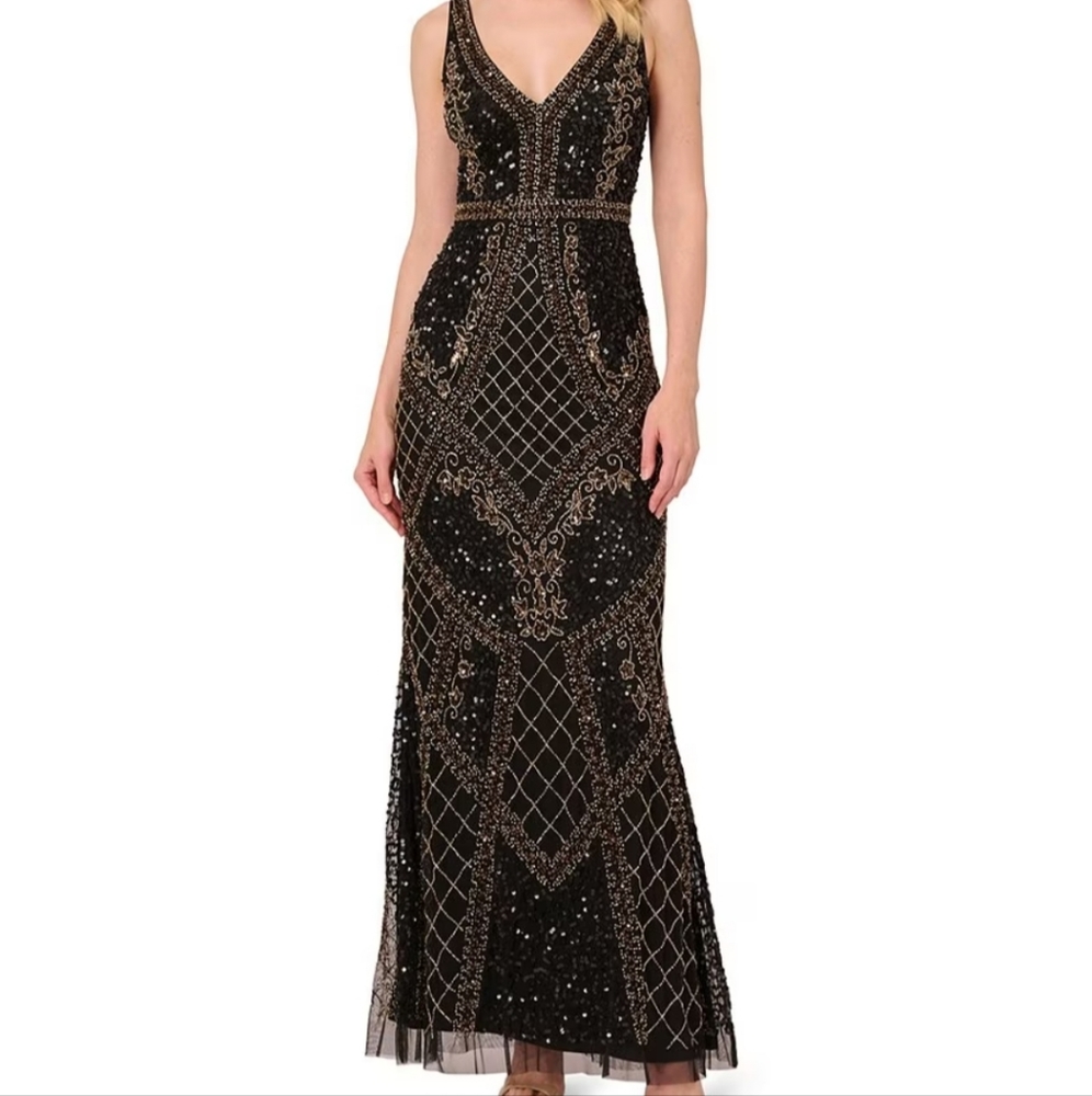 Adrianna PapellSleeveless V-Neck Beaded Mesh Gown